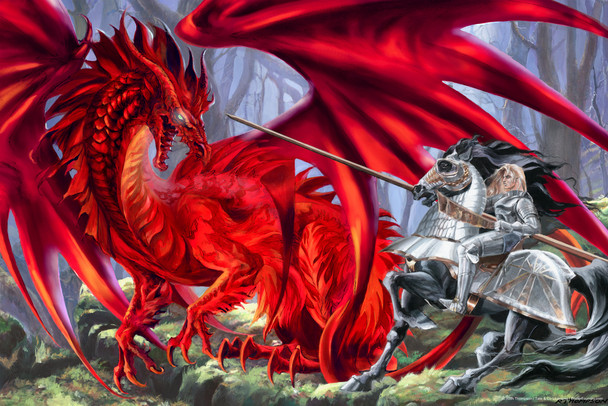 Bloodlust Red Dragon Fighting Knight In Armor by Ruth Thompson Fantasy Poster Cool Wall Art Print Poster 12x18