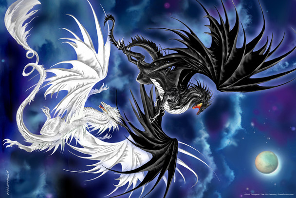 Twilight Duel Black White Dragon Fighting by Ruth Thompson Fantasy Poster Cool Wall Art Print Poster 12x18