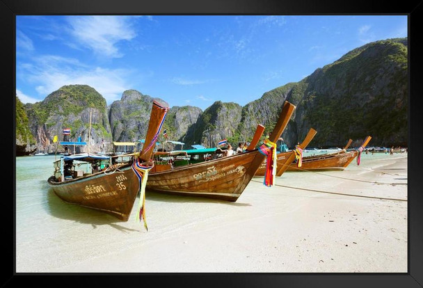 Long Tail Boats On Maya Bay Beach Thailand Photo Art Print Black Wood Framed Poster 14x20