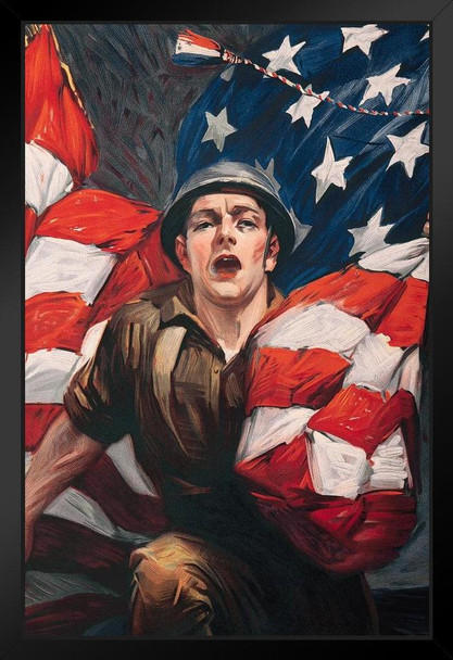 World War I Soldier and United States Flag Patriotic Art Print Black Wood Framed Poster 14x20