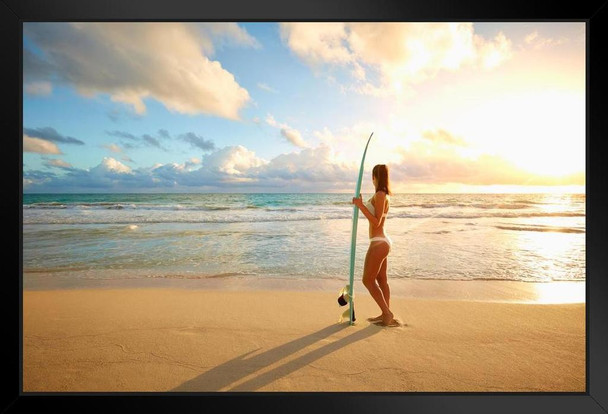 Asian Woman Beauty Holding Surfboard Sandy Beach Photo Art Print Black Wood Framed Poster 20x14