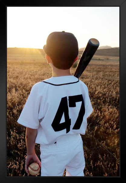 Young Baseball Player from Behind at Sunset Photo Art Print Black Wood Framed Poster 14x20