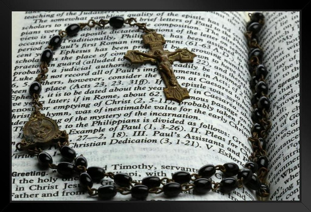 Prayer Beads Rosary on a Holy Bible Art Print Black Wood Framed Poster 20x14