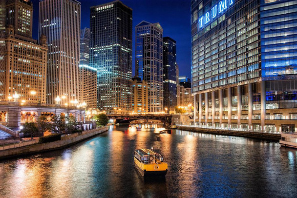 On the Chicago River at Night Photo Art Print Cool Huge Large Giant Poster Art 54x36