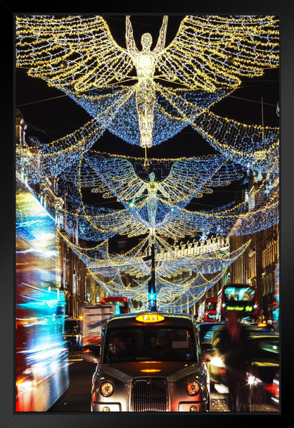 London Taxi Under Christmas Lights at Night Photo Art Print Black Wood Framed Poster 14x20