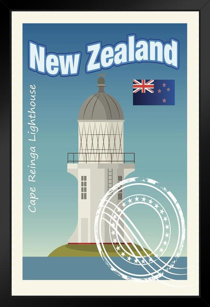 New Zealand Cape Reinga Lighthouse Travel Stamp Art Print Black Wood Framed Poster 14x20