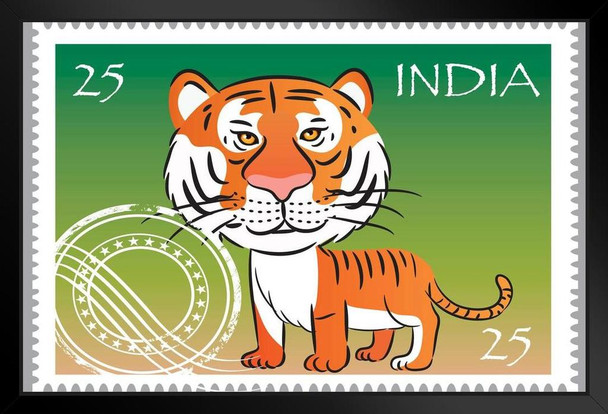 India Bengal Tiger Cartoon Travel Postage Stamp Tiger Art Print Tiger Pictures Wall Decor Tiger Stripe Print Jungle Animal Art Print Tiger Whiskers Decor Black Wood Framed Art Poster 20x14