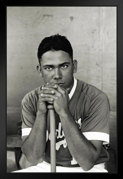 Baseball Player Leaning on Bat Vintage B&W Photo Art Print Black Wood Framed Poster 14x20