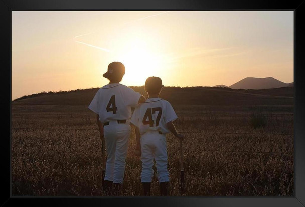 Two Boys in Baseball Uniforms Looking at Sunset Photo Art Print Black Wood Framed Poster 20x14
