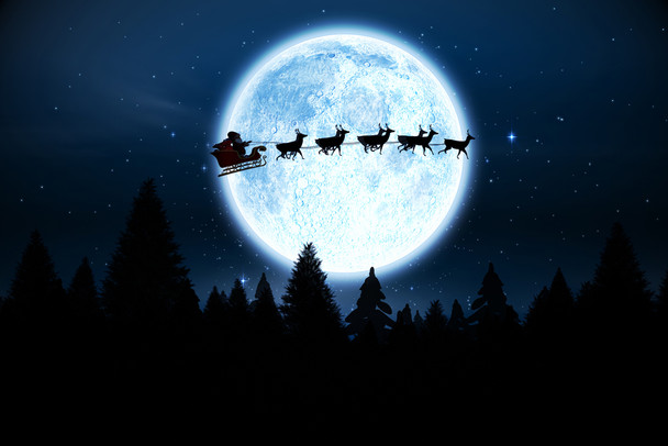 Santa Reindeer Sleigh Flying Night Starry Sky Moon Christmas Decorations Indoor Rendering Cool Wall Decor Art Print Poster 18x12