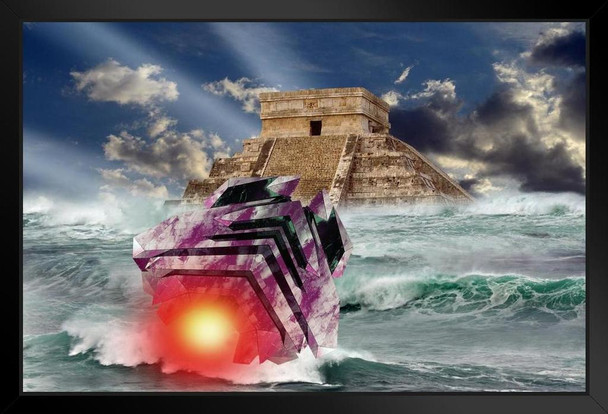 Spaceship Splshing Down at Ancient City of Atlantis Art Print Black Wood Framed Poster 20x14