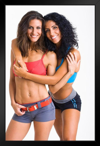 Two Hot Female Friends Standing Together Hugging Photo Art Print Black Wood Framed Poster 14x20