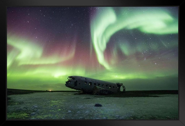 Aurora Polaris in Sky Above Iceland DC 3 Wreckage Photo Art Print Black Wood Framed Poster 20x14
