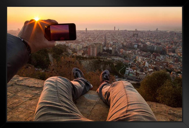 Man from POV Taking Photos of Barcelona Sunrise Photo Art Print Black Wood Framed Poster 20x14