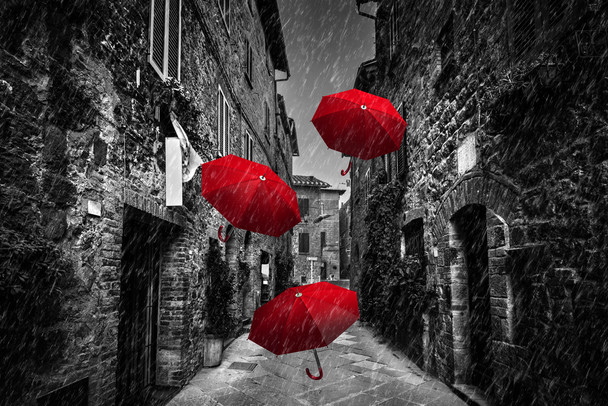 Umrbellas Flying Wind And Rain Cobblestone Street Tuscany Italy Cool Wall Decor Art Print Poster 18x12