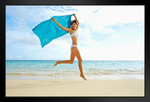 Japanese Woman Jumping with Sarong on Beach Photo Art Print Black Wood Framed Poster 20x14