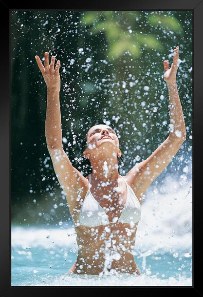 Beautiful Young Woman Bikini Splashing in a Pool Photo Art Print Black Wood Framed Poster 14x20