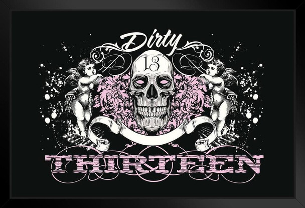 Dirty Thirteen Skull and Cherubs Art Print Black Wood Framed Poster 20x14