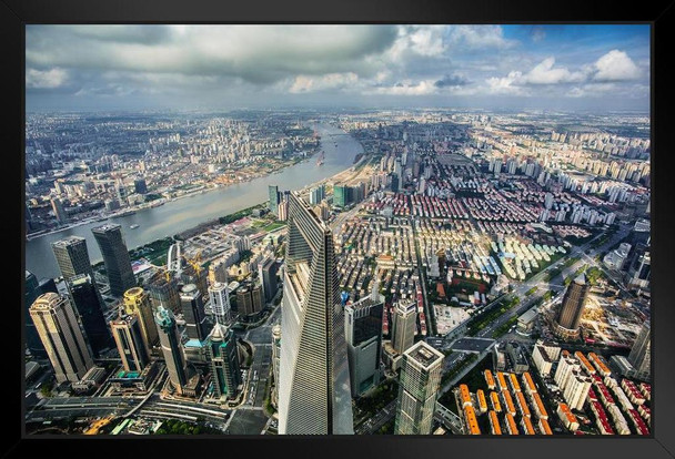 Aerial View Shanghai World Financial Center and Shanghai Skyline Photo Black Wood Framed Art Poster 20x14