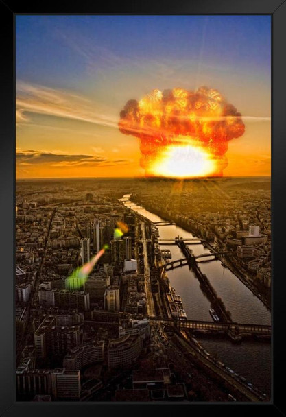 Apocalypse on Earth Asteroid Hitting Urban Area Photo Art Print Black Wood Framed Poster 14x20