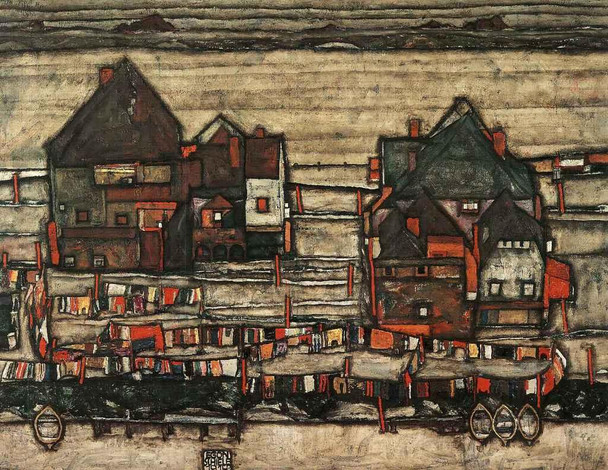 Egon Schiele Houses With Laundry Suburb Fine Art Print Schiele Wall Art Cubism Expressionism Artwork Style Abstract Symbolist Oil Painting Canvas Home Decor Cool Huge Large Giant Poster Art 36x54