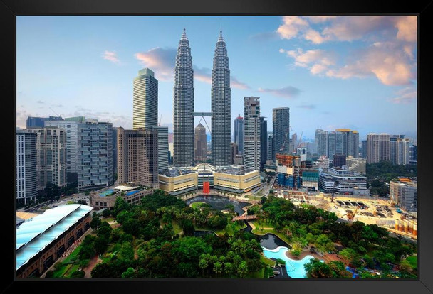 Kuala Lumpur City Skyline Petronas Twin Towers Black Wood Framed Poster 20x14