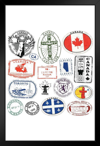 Canadian Travel Splendor Vintage Travel Stamps Art Print Black Wood Framed Poster 14x20