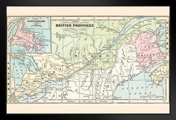 British Provinces Canada New Foundland 1875 Antique Style Map Black Wood Framed Art Poster 20x14