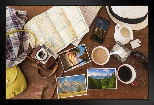 Travel Montage Coffee Maps Postcards Phone Photo Black Wood Framed Art Poster 20x14