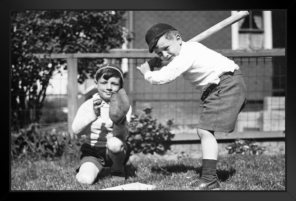 Two Young Boys Playing Baseball in Garden Yard Black and White B&W Photo Art Print Black Wood Framed Poster 20x14