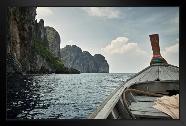 Long Tail Boat Along Coast of Phi Phi Islands Thailand Photo Black Wood Framed Art Poster 20x14