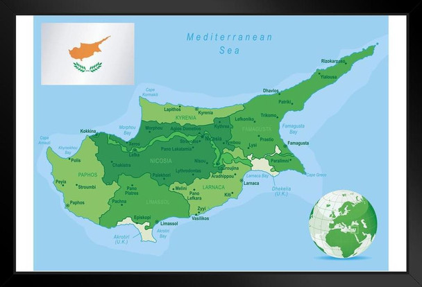 Map Of Cyprus States Cities Flag Mediterranean Sea Chart Map Posters for Wall Map Art Wall Decor Geographical Illustration Tourist Travel Destinations Black Wood Framed Art Poster 20x14