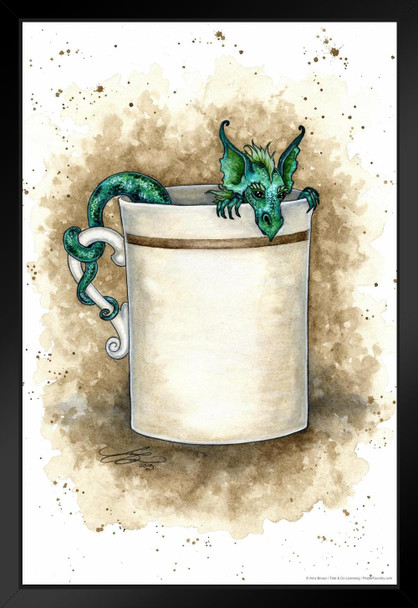 Good Morning Baby Green Dragon In Coffee Cup by Amy Brown Fantasy Poster Black Wood Framed Art Poster 14x20