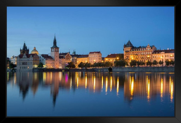 Prague Old Buildings Water Reflection At Night Skyline Photo Black Wood Framed Art Poster 14x20