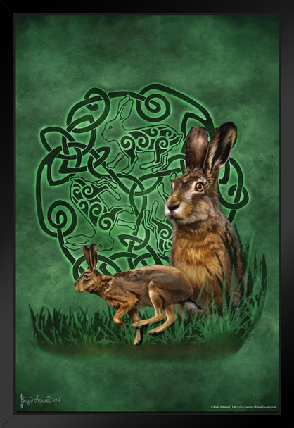 Celtic Hare by Brigid Ashwood Green Spiritual Rabbit Motif Inspirational Motivational Three Hares Intertwined Nature Spirit Gaelic History Black Wood Framed Art Poster 14x20
