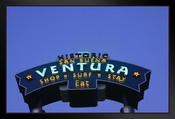 Historic San Buena Ventura California Neon Sign at Night Photo Art Print Black Wood Framed Poster 20x14