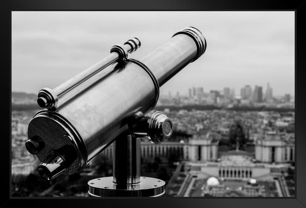 Telescope At Top Of Eiffel Tower Paris France Black and White Photo Art Print Black Wood Framed Poster 20x14