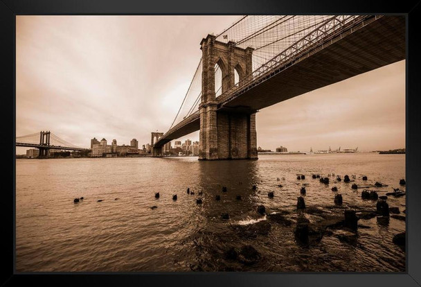 Brooklyn Bridge Over East River Against Cloudy Sky Photo Art Print Black Wood Framed Poster 14x20