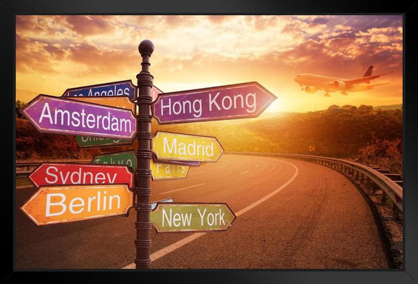 Cities Around the World Roadside Sign Open Road Direction Pole Photo Photograph Black Wood Framed Art Poster 20x14