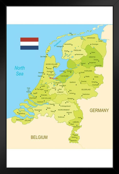 Netherlands with Flag Classroom Educational Black Wood Framed Art Poster 14x20