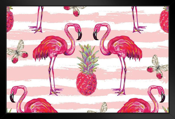 Summer Jungle Tropical Butterflies Pink Flamingo and Pineapple Wallpaper Style Decorative Colorful Pattern Black Wood Framed Art Poster 20x14