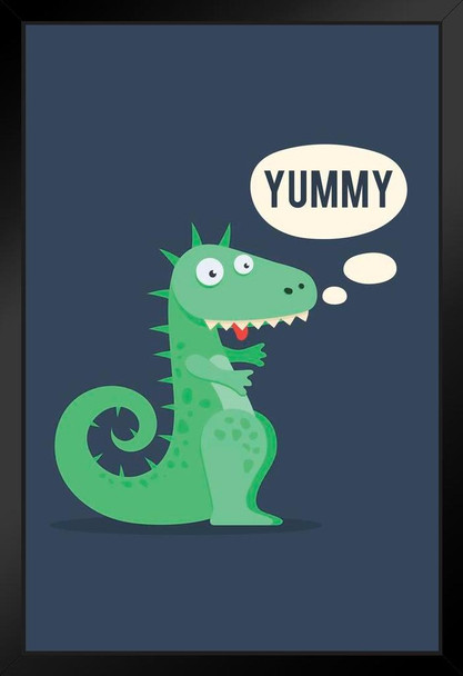 Cute Dinosaur Cartoon Character Yummy Speech Balloon Dinosaur Poster For Kids Room Dino Pictures Bedroom Dinosaur Decor Dinosaur Pictures For Wall Dinosaur Wall Black Wood Framed Art Poster 14x20