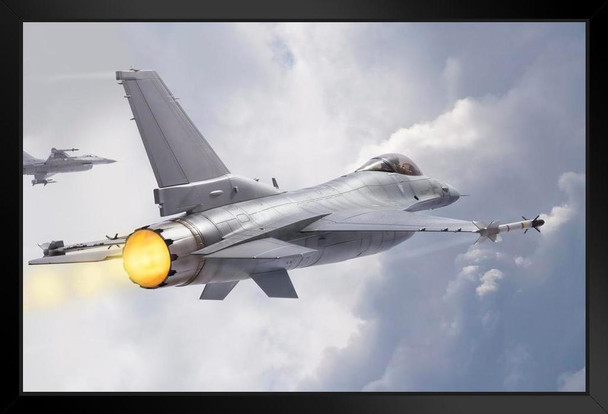F16 Fighting Falcon Supersonic Fighter Jets Flying Through Clouds Photo Art Print Black Wood Framed Poster 14x20