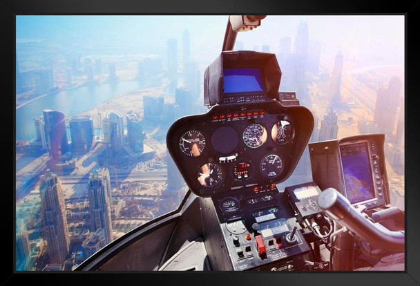 Helicopter Flying Over Dubai Skyline Aerial Photo Photograph Black Wood Framed Art Poster 20x14