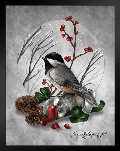 Black Capped Chickadee Colors of Winter by Renee Biertempfel Fantasy Art Bird Pictures Wall Decor Beautiful Art Wall Decor Feather Prints Wall Art Bird Prints Black Wood Framed Art Poster 14x20