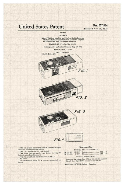 Laminated Camera Design 1975 Official Patent Diagram Poster Dry Erase Sign 12x18