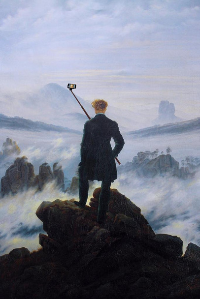 Laminated Selfie Taking Wanderer Above the Sea of Fog Friedrich Art Humor Poster Dry Erase Sign 12x18