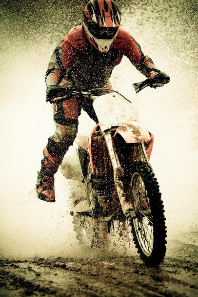 Laminated Dirt Bike Rider Splashing Water Photo Art Print Poster Dry Erase Sign 12x18