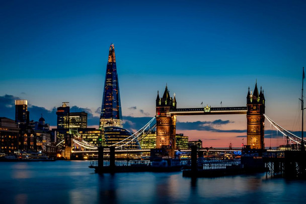 Laminated Tower Bridge and London Skyline Illuminated at Night Photo Art Print Poster Dry Erase Wall Art 18x12