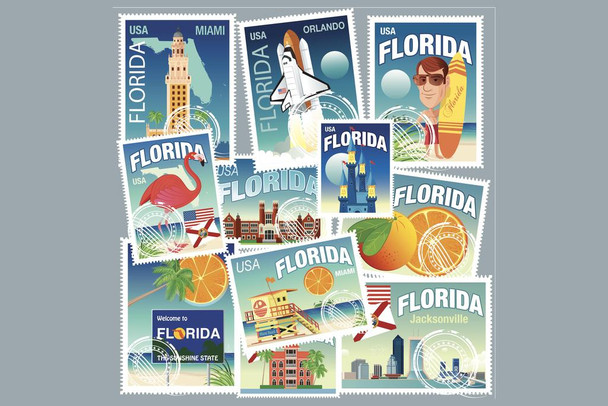 Laminated Florida Miami Daytona West Palm Beach Travel Stamps Art Print Poster Dry Erase Sign 18x12